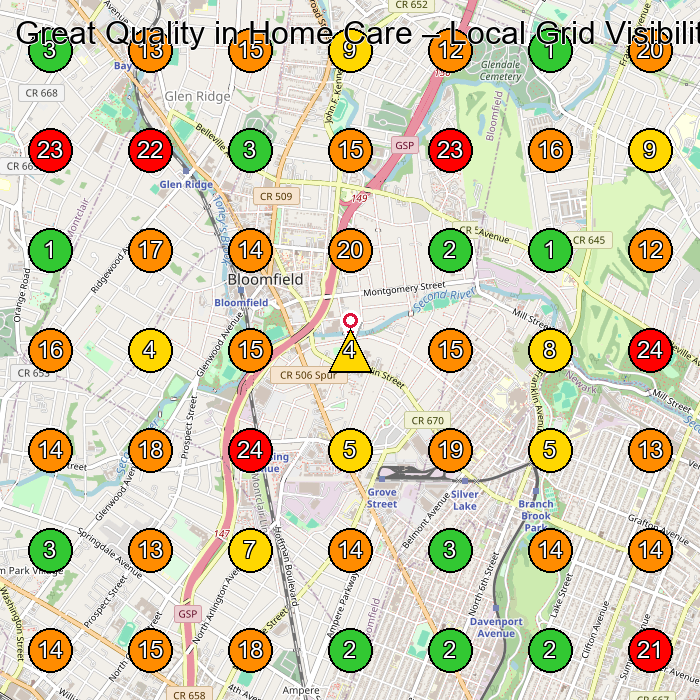 Great Quality in Home Care Home Health Care Service GeoGrid ranking map for Bloomfield NJ